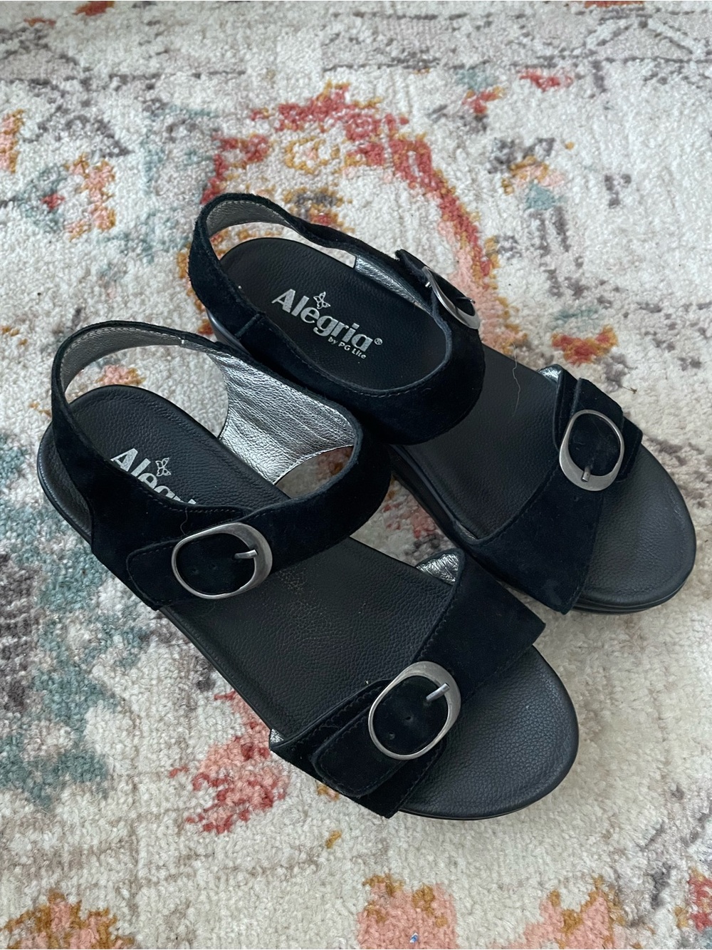 Alegria Black Suede Slingback Buckle Sandals